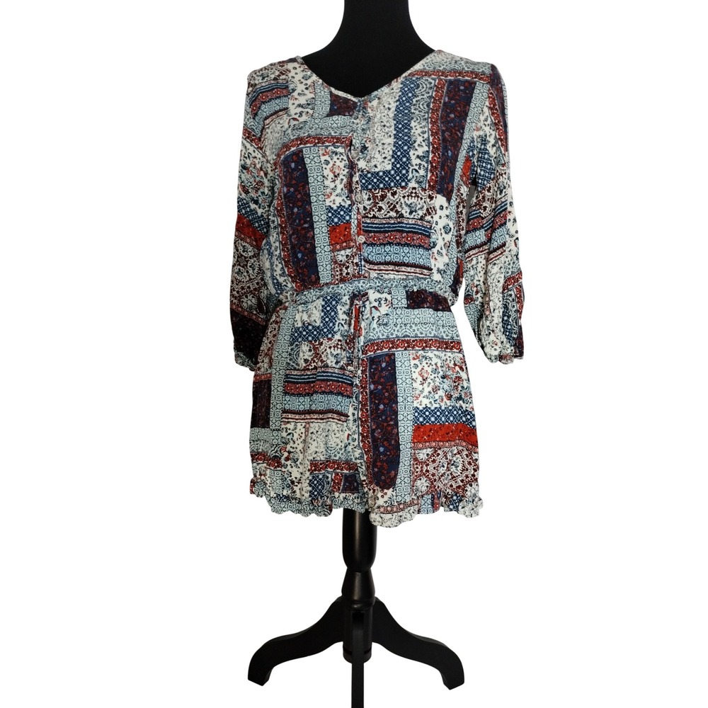 Mossimo Romper Patchwork Print 3/4 Sleeve Drawstring Waist Casual Size M